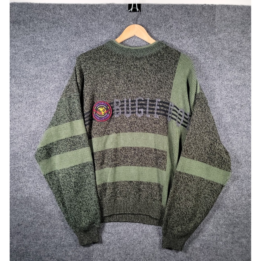 Vintage Bugle Boy Sweater Mens Large 80s Colorblock Logo Graphic Knit Pullover